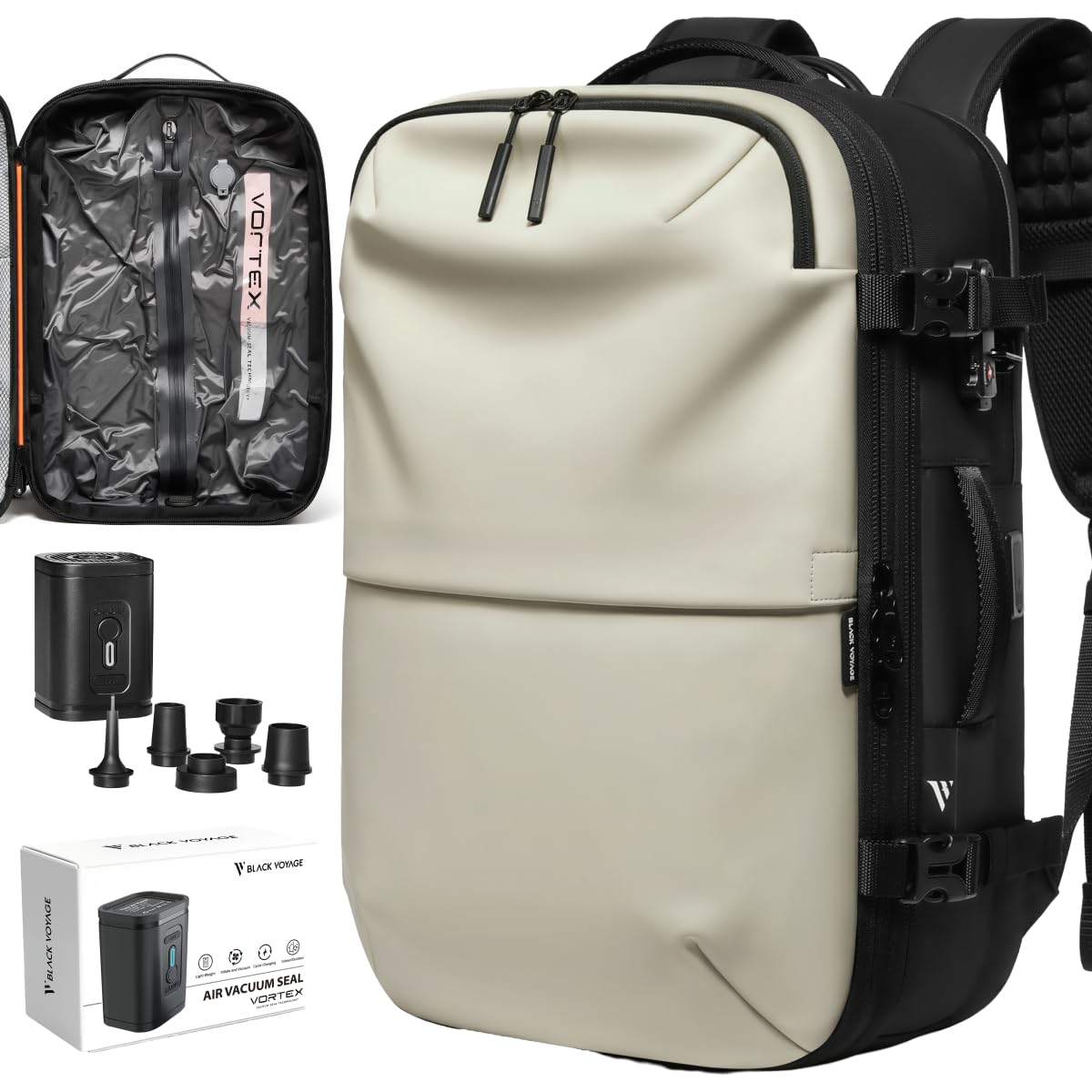 BlackVoyage Vortex 60L Vacuum Seal Travel Backpack White – TSA Lock