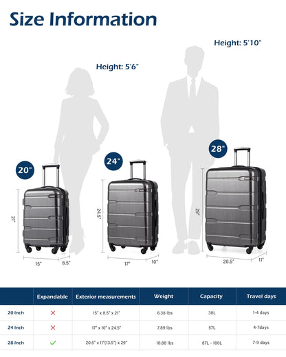 Coolife 28" Hardside Large Checked Luggage Suitcase Charcoal