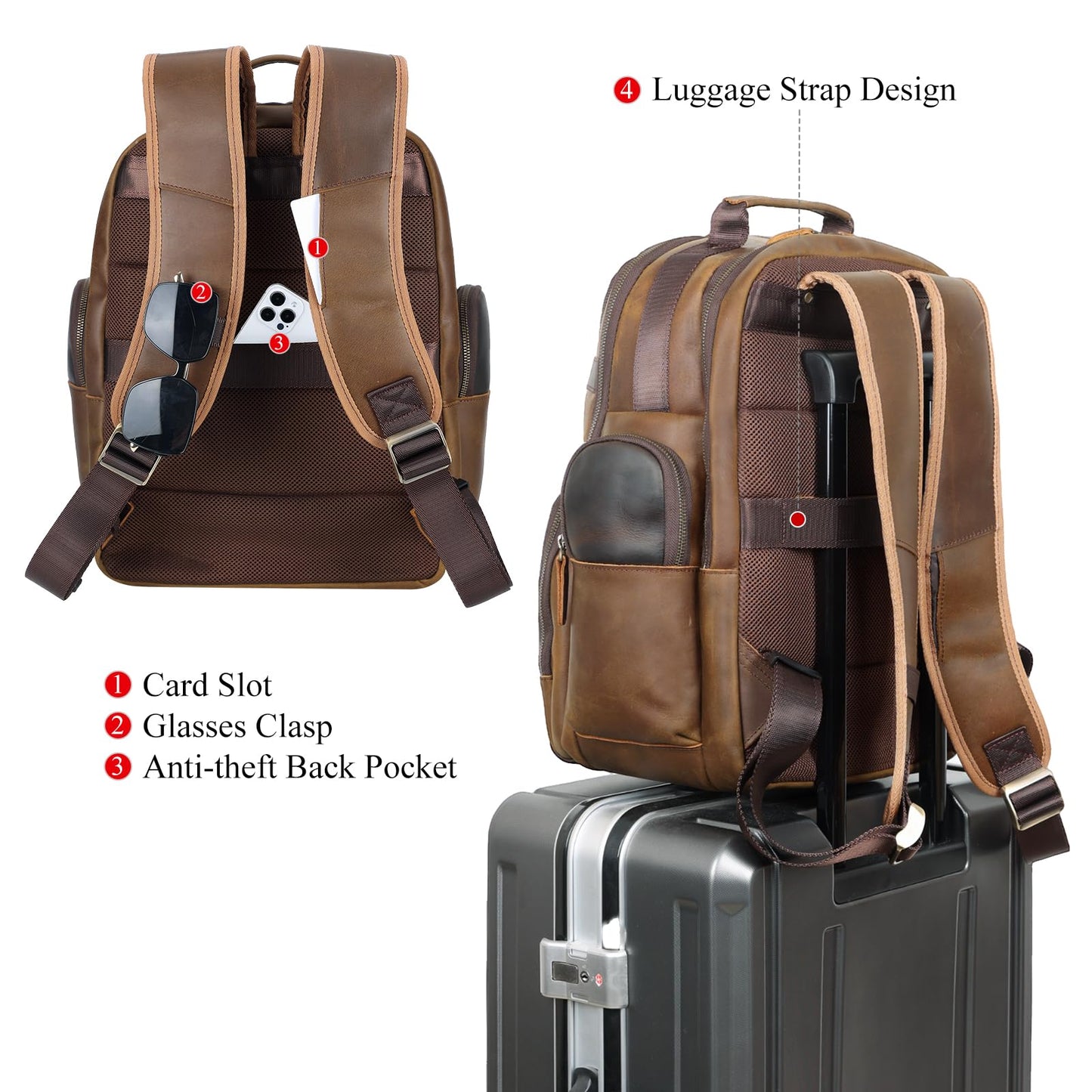 TIDING Men's Vintage Full-Grain Leather Backpack, 15.6" Laptop, Brown