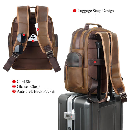 TIDING Men's Vintage Full-Grain Leather Backpack, 15.6" Laptop, Brown