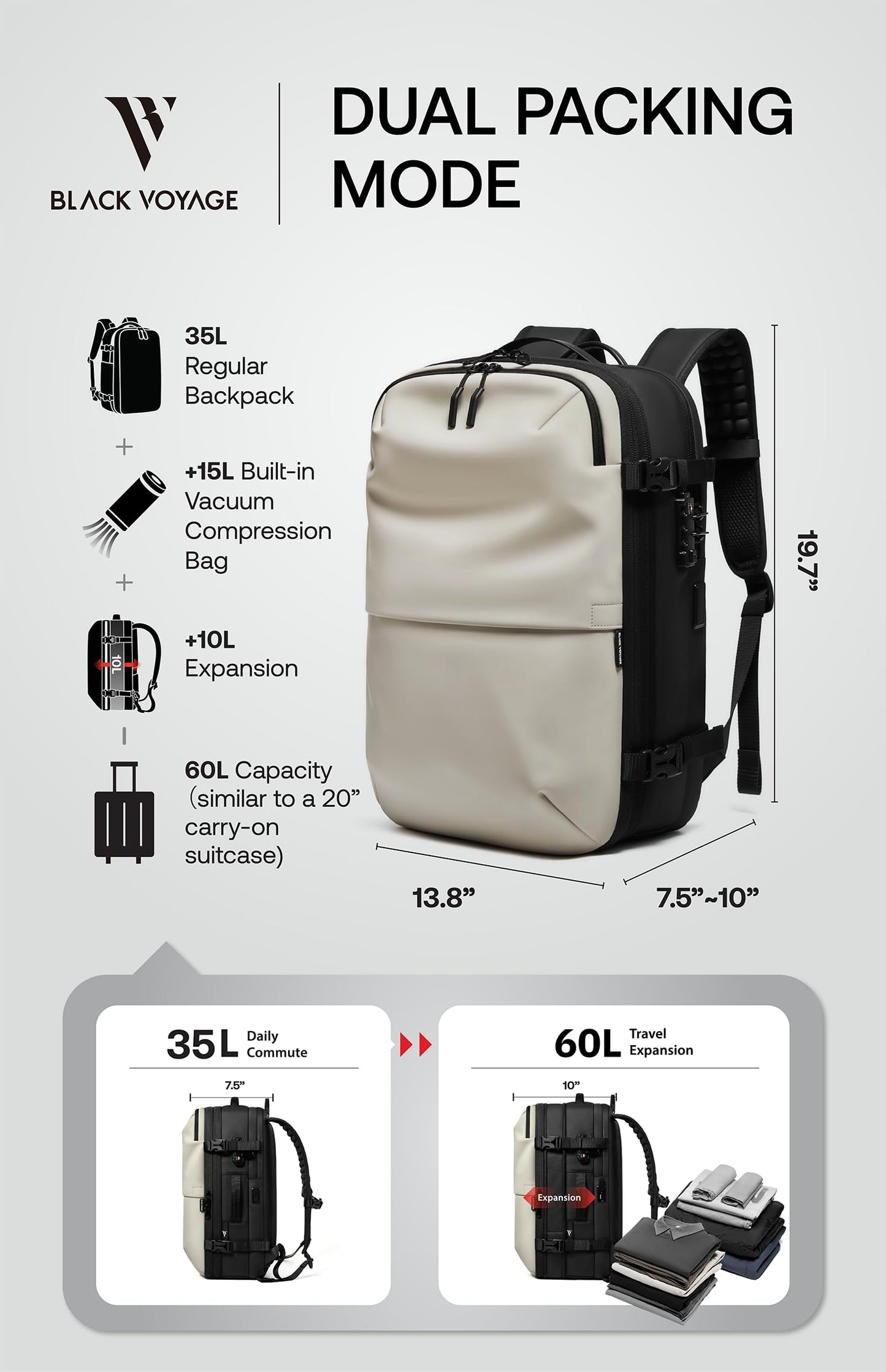 BlackVoyage Vortex 60L Vacuum Seal Travel Backpack White – TSA Lock