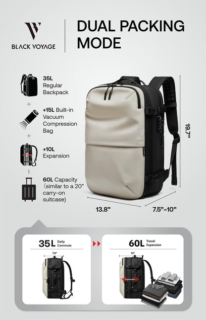 BlackVoyage Vortex 60L Vacuum Seal Travel Backpack White – TSA Lock
