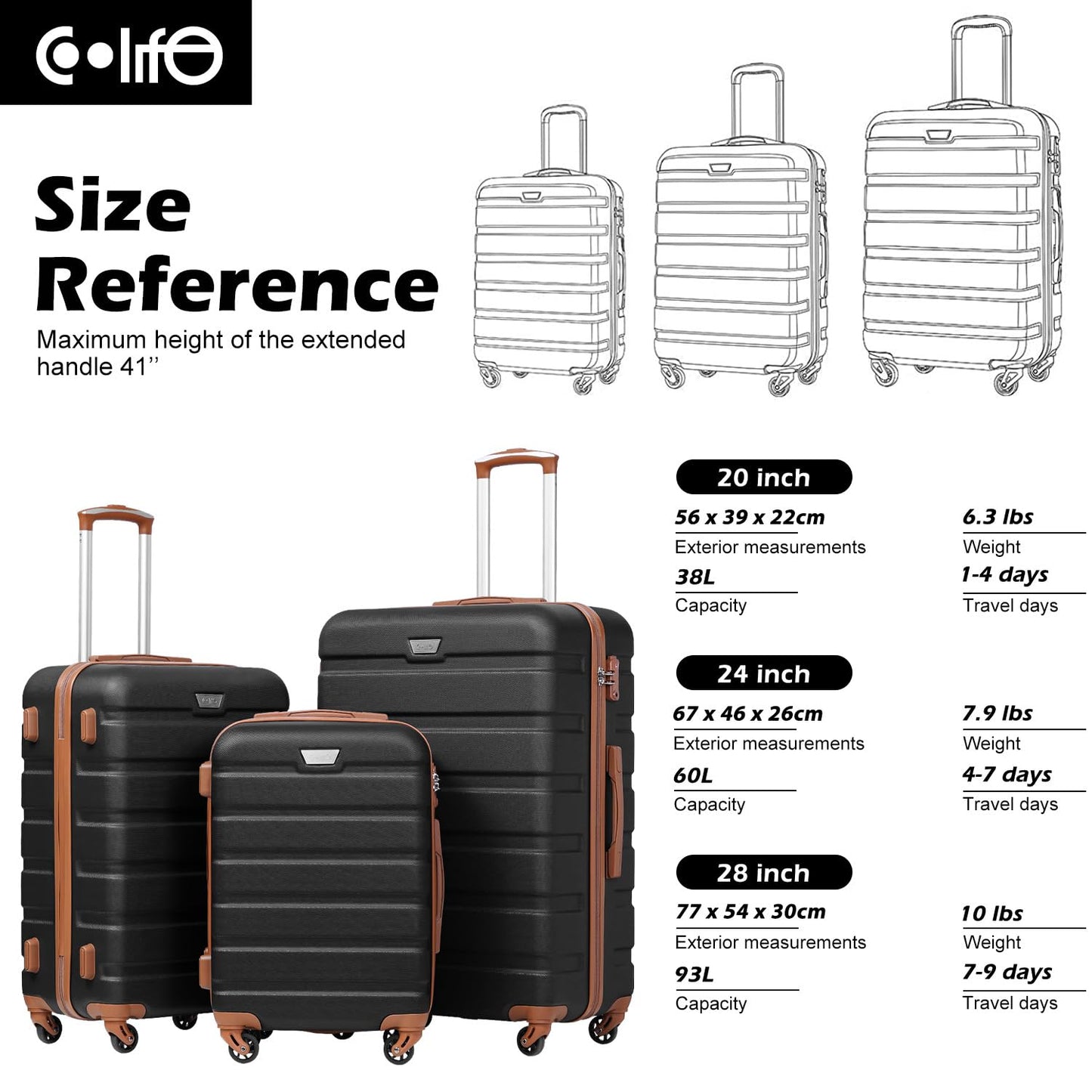 Coolife 3-Piece Hardshell Lightweight Luggage Set – Apricot Black