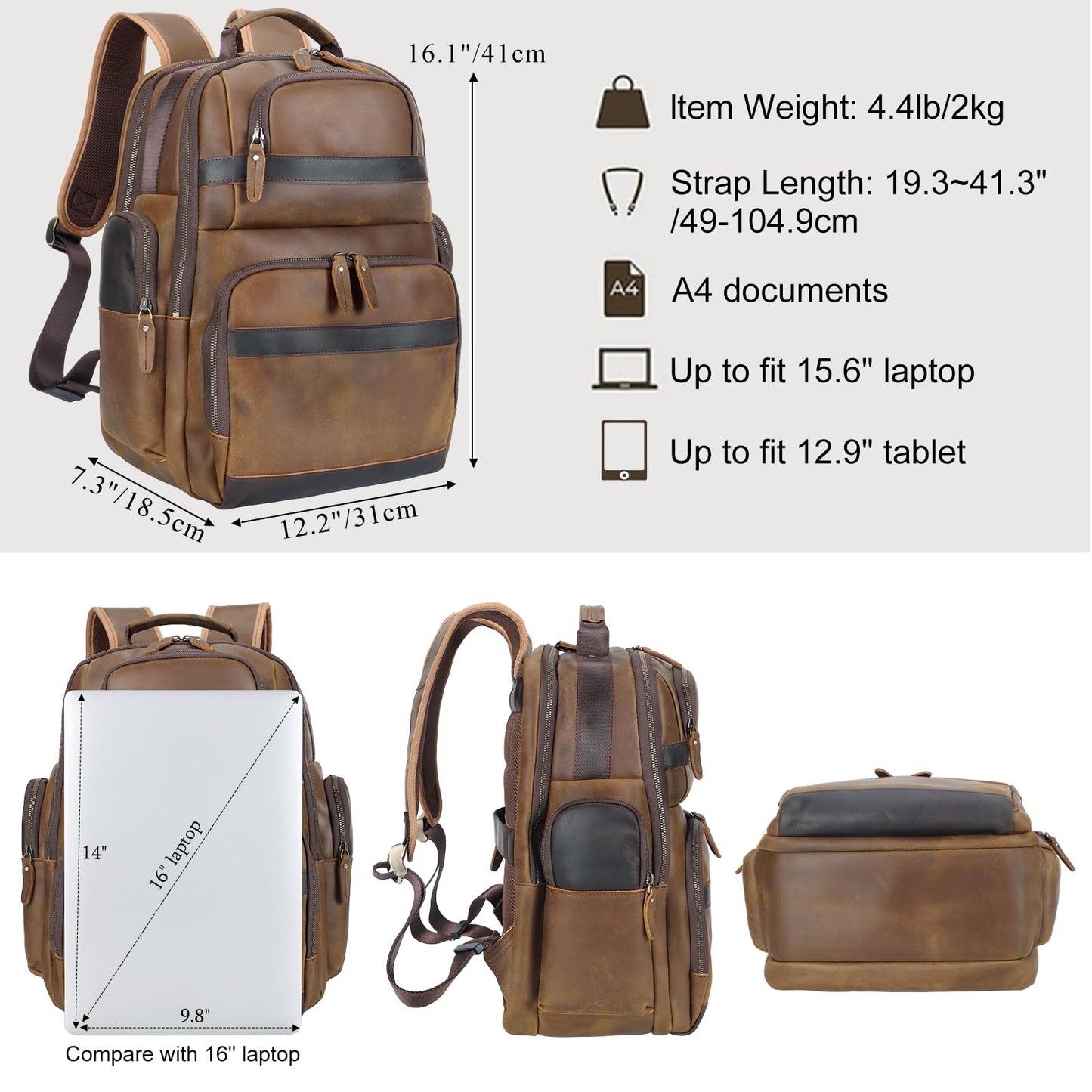 TIDING Men's Vintage Full-Grain Leather Backpack, 15.6" Laptop, Brown