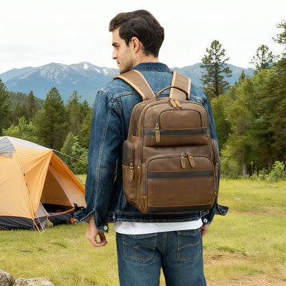 TIDING Men's Vintage Full-Grain Leather Backpack, 15.6" Laptop, Brown