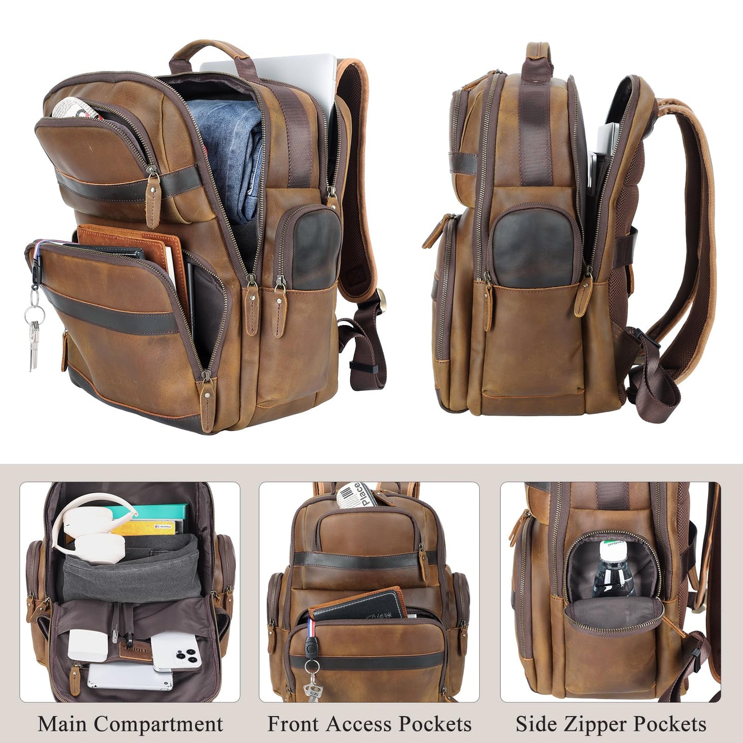 TIDING Men's Vintage Full-Grain Leather Backpack, 15.6" Laptop, Brown
